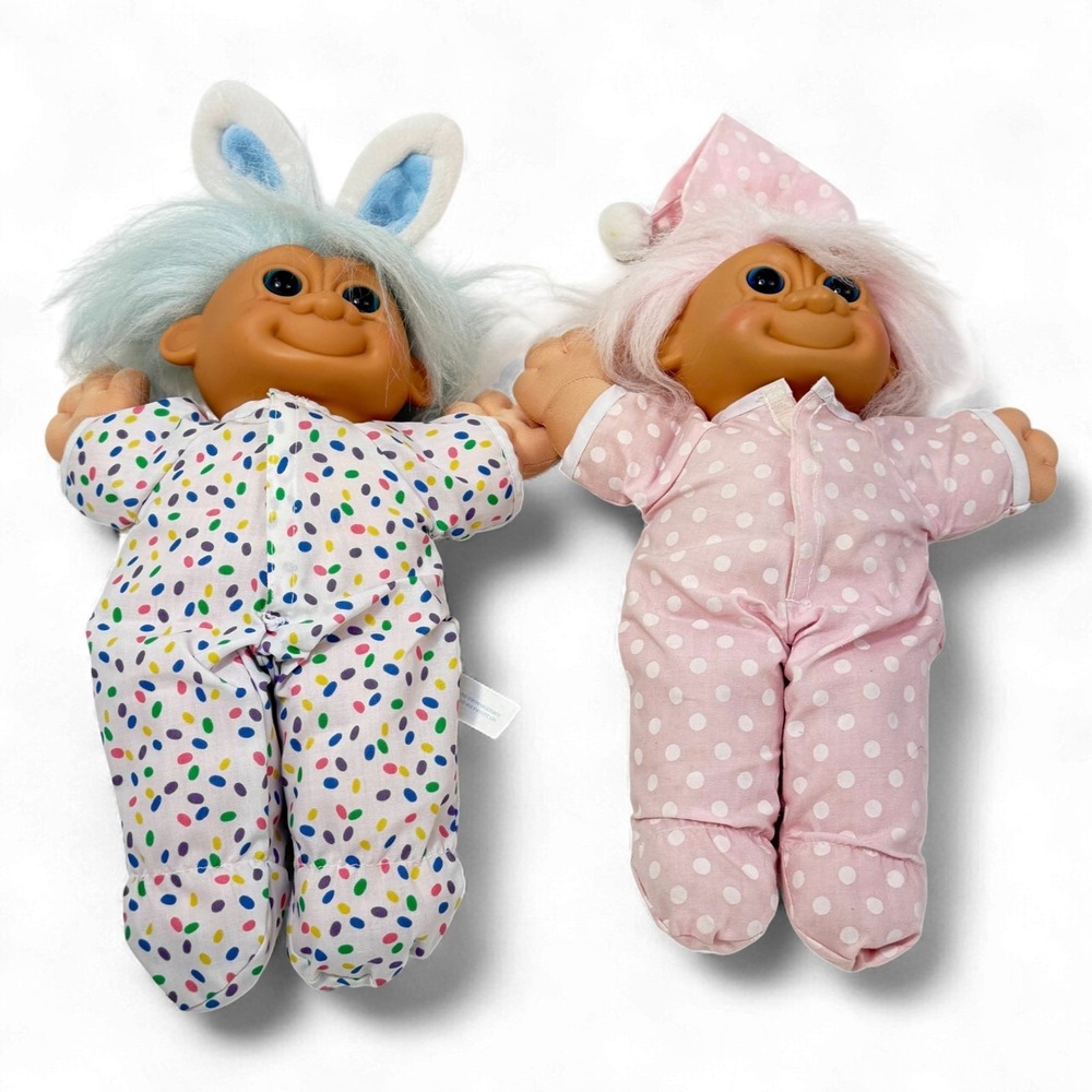 Russ Troll Doll Lot 2 Baby Trolls Rabbit Polka Dot & Nightcap Pink 12 in - Picture 2 of 16